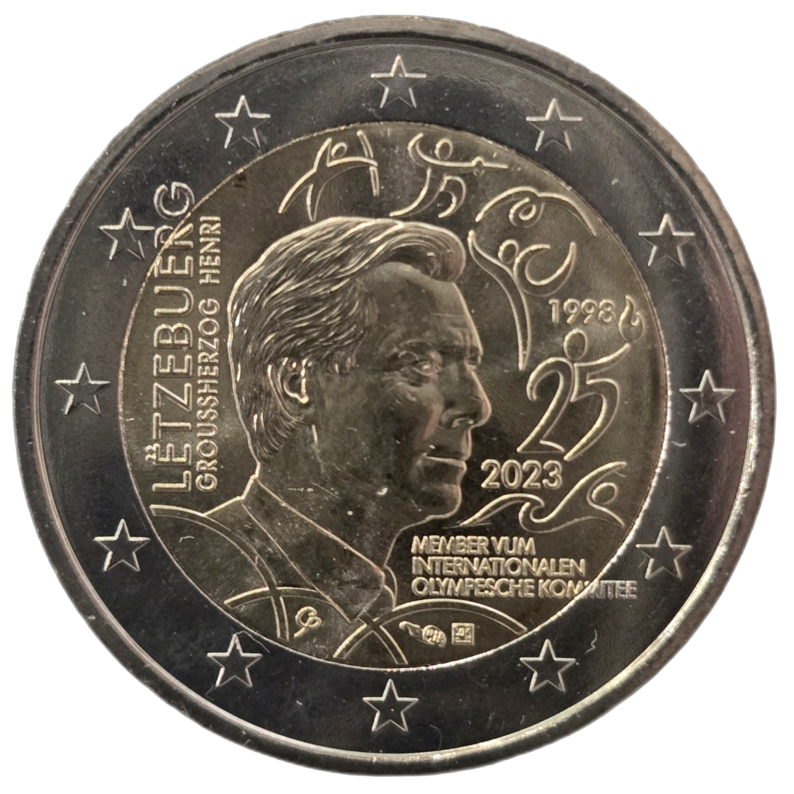 2 euros conmemorativa 25 aniversario de la admisión del Gran Duque Enrique como miembro del Comité Olímpico Internacional